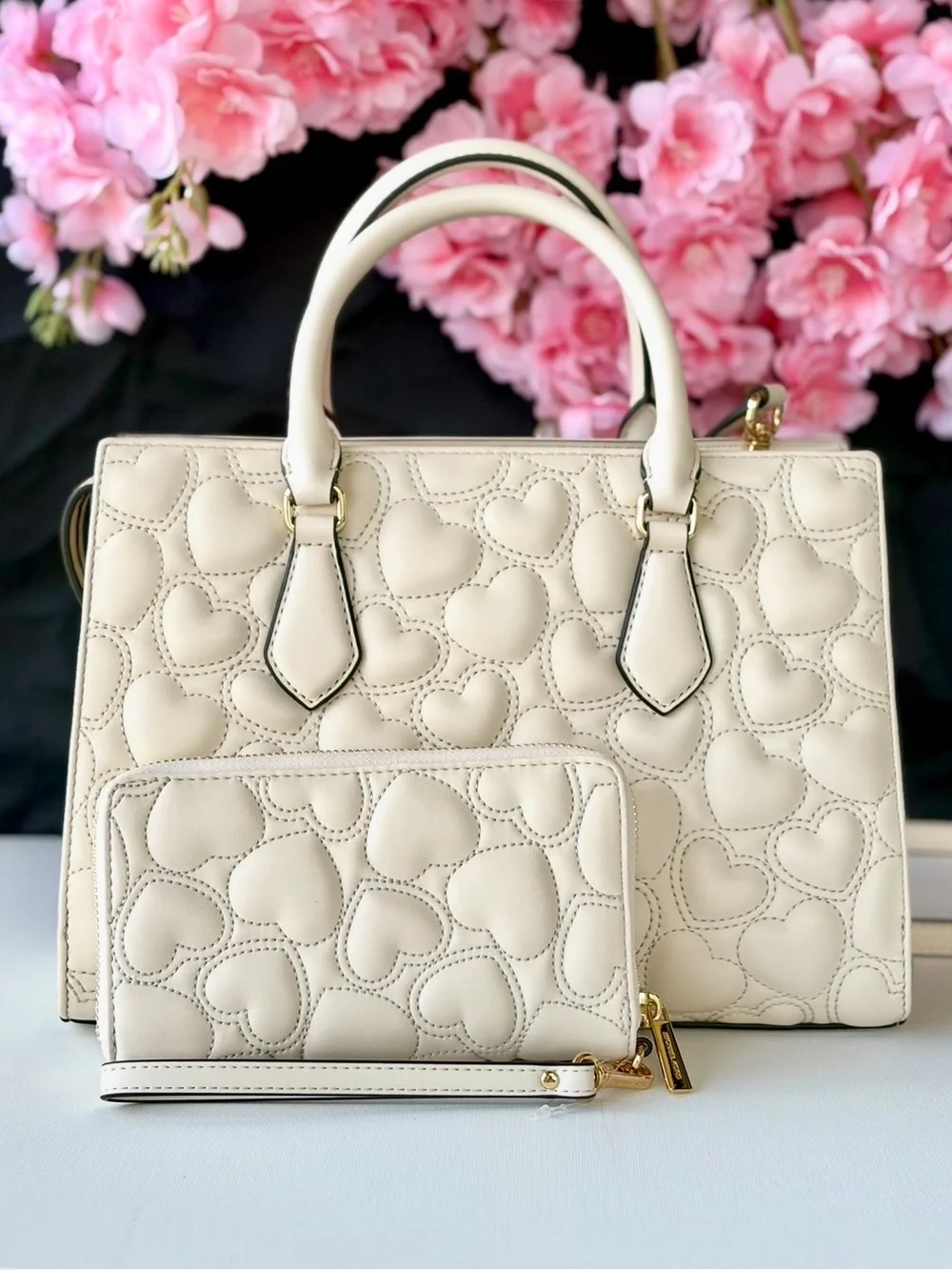 Michael Kors Cream Quilted Heart Satchel and Wristlet Set